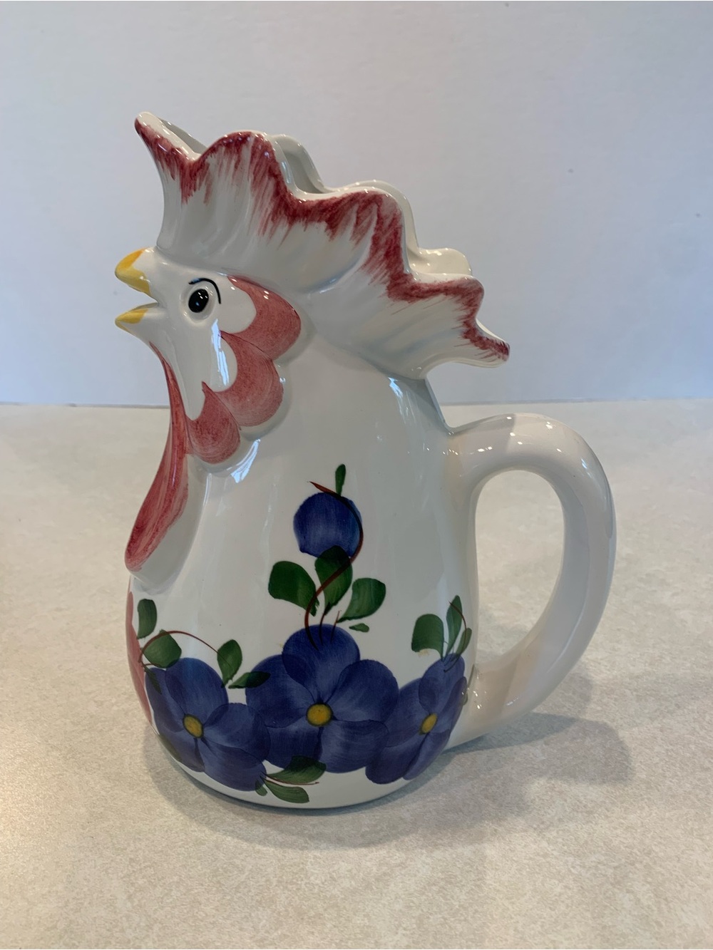 Vintage Fabbro Italian Fruil Hand-Painted Ceramic Rooster Pitcher Floral